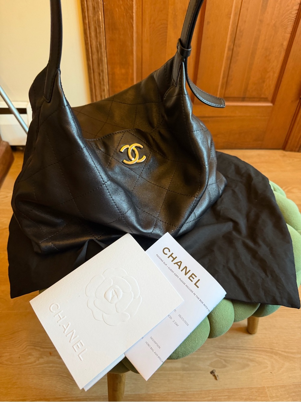CHANEL 26P Hobo Black Quilted Leather Hobo Bag with silver CC